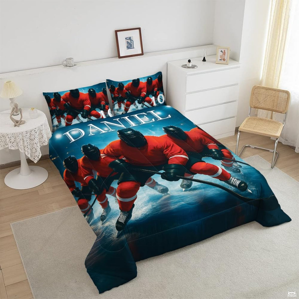 Close-up perspective of hockey bedding highlighting goalie silhouette, ice spray effects, and equipment graphics