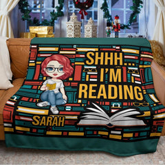 Draped perspective of reader girl throw blanket highlighting teal borders and bright yellow text.