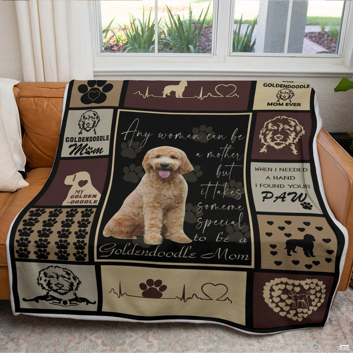 Apricot doodle dog graphic blanket arranged over living room armchair