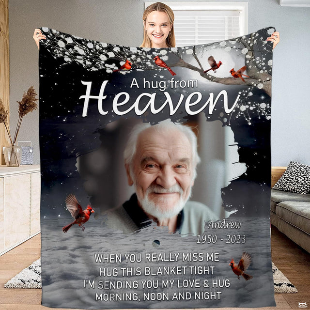 Memorial throw blanket featuring red cardinals on snow-frosted tree branches around a tribute photo frame