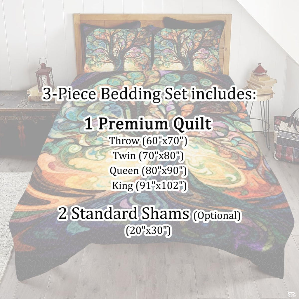 Corner angle view of mosaic tree bedding illustrating vibrant color saturation and artistic botanical styling