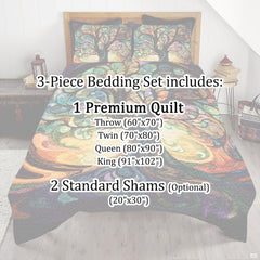 Corner angle view of mosaic tree bedding illustrating vibrant color saturation and artistic botanical styling