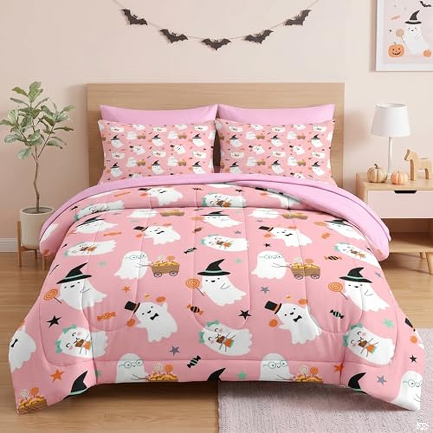 Pamnest Twin Halloween Comforter Set with Sheets, 5 Pieces Pink Bedding