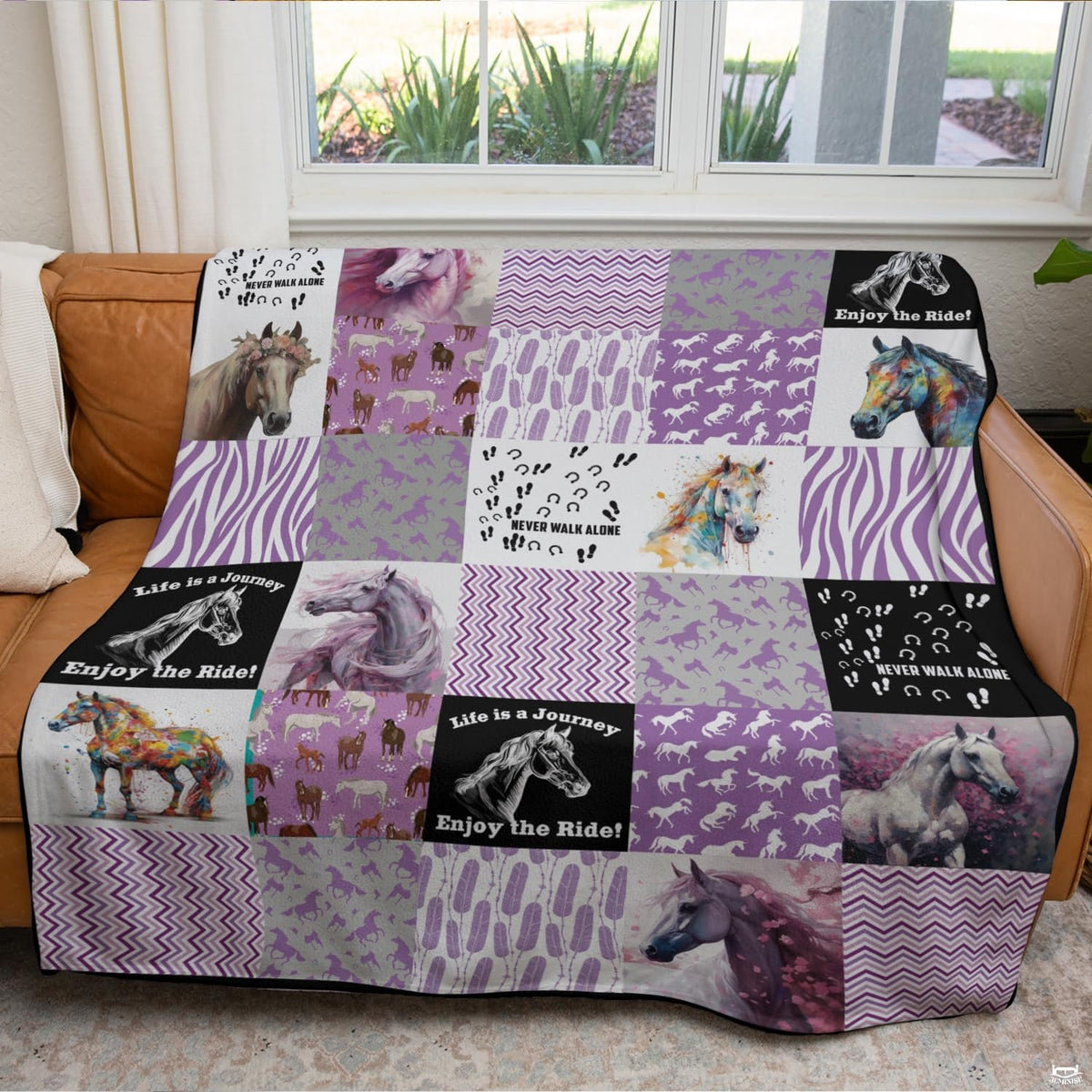 Lavender equestrian horse patchwork collage graphic blanket showing watercolor portraits and chevrons view 4