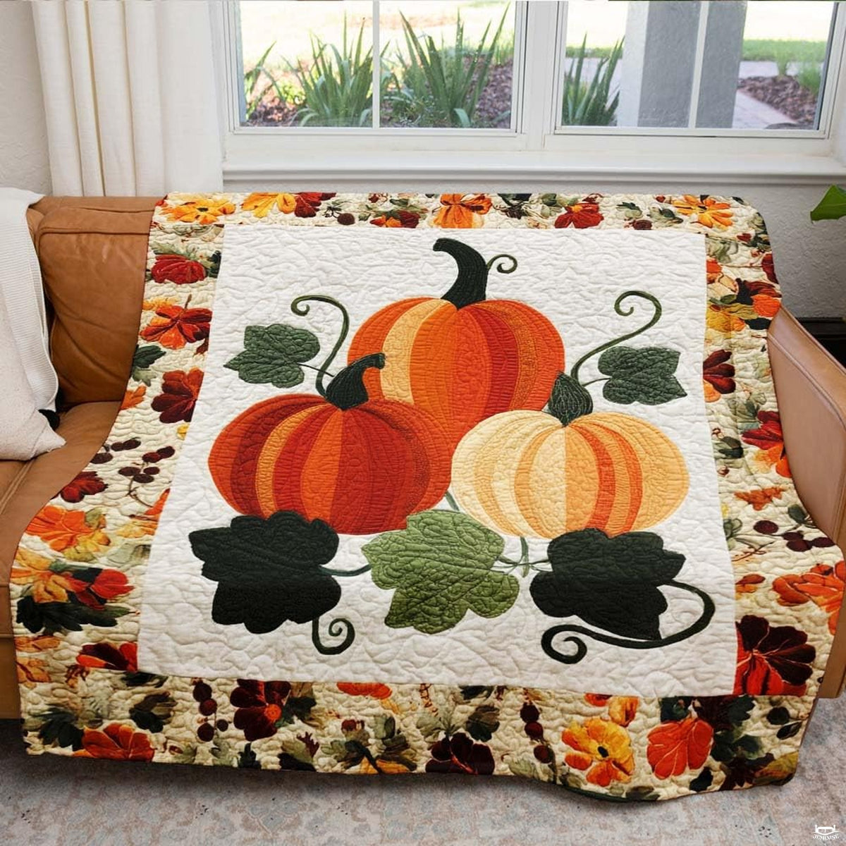 Perimeter garland border featuring golden maple leaves, acorns, and crimson berries on decorative throw