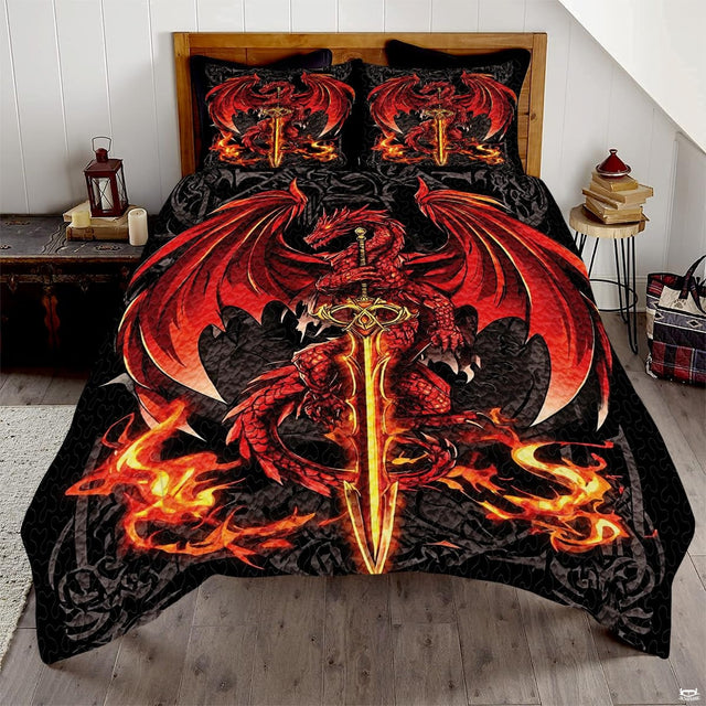 Red dragon coiled around golden sword above orange flames