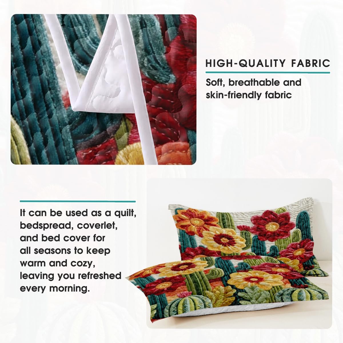 Personalized Vibrant Cactus Flower Quilt Set, Machine Washable