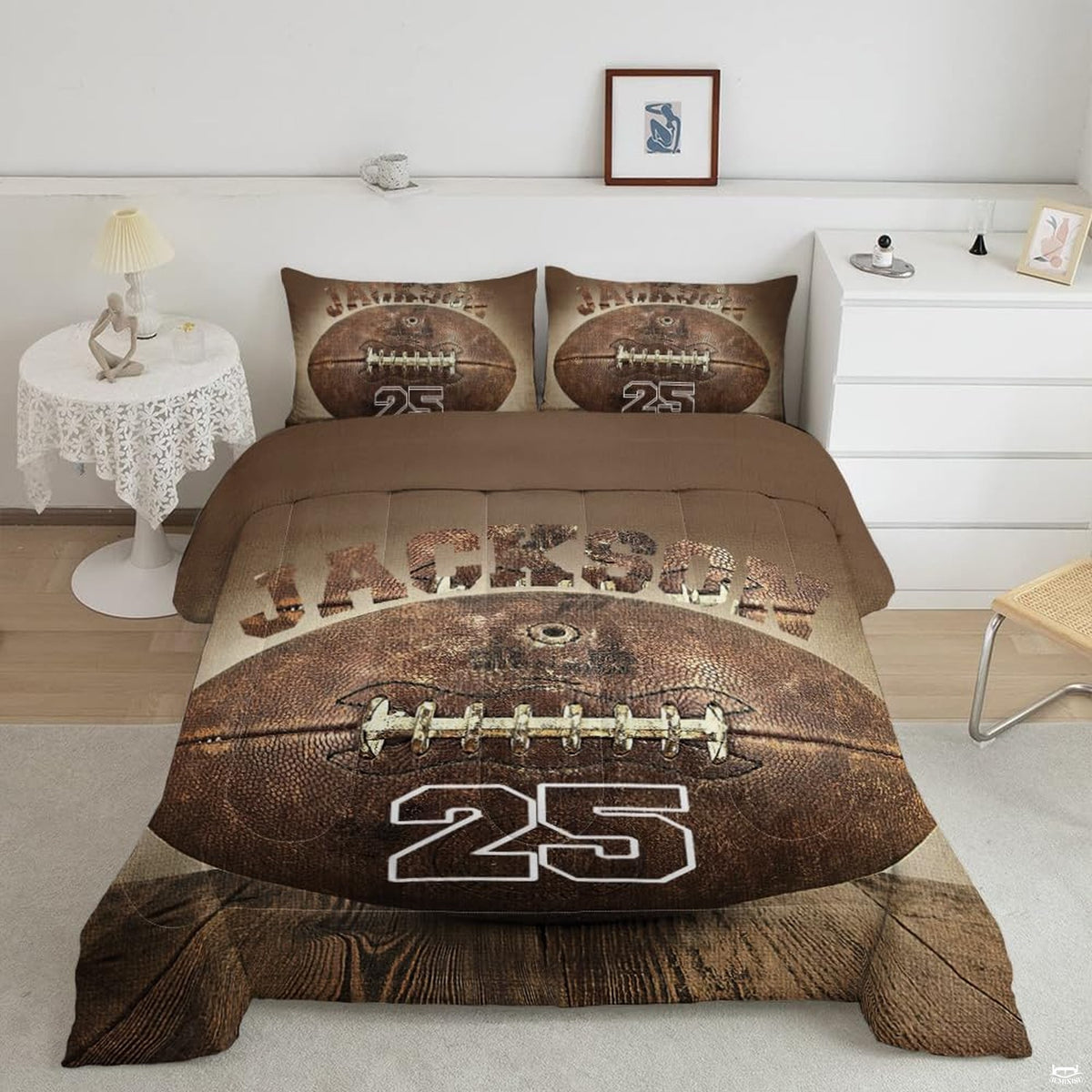 Vintage football bedding featuring an antique textured football resting on dark rustic wood planks