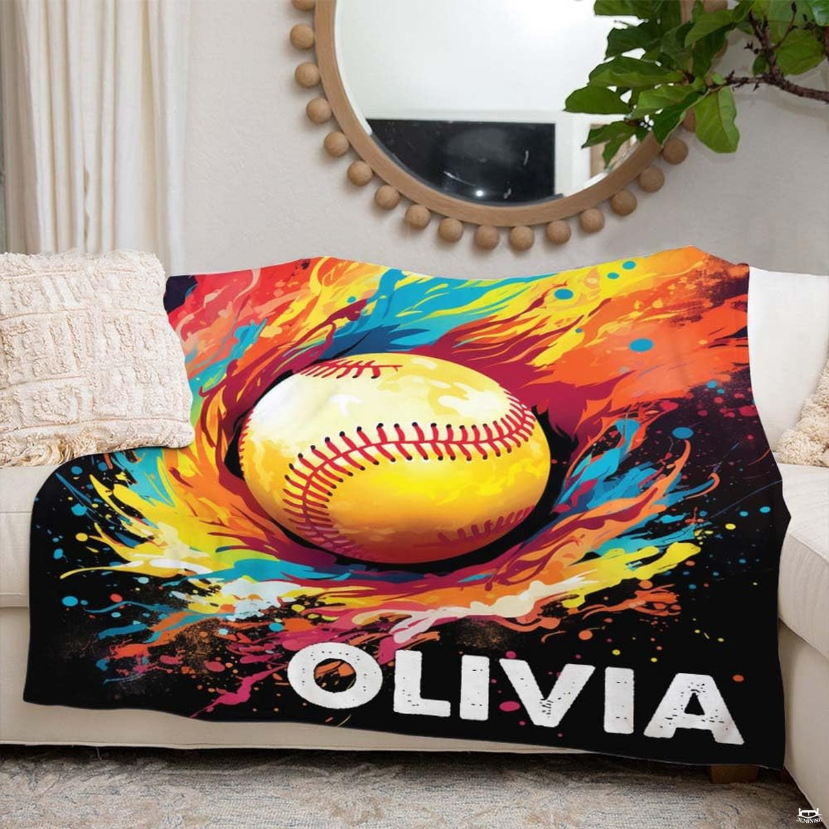 Watercolor sports graphic showing energetic movement as a softball player throws ball at batter in competition.