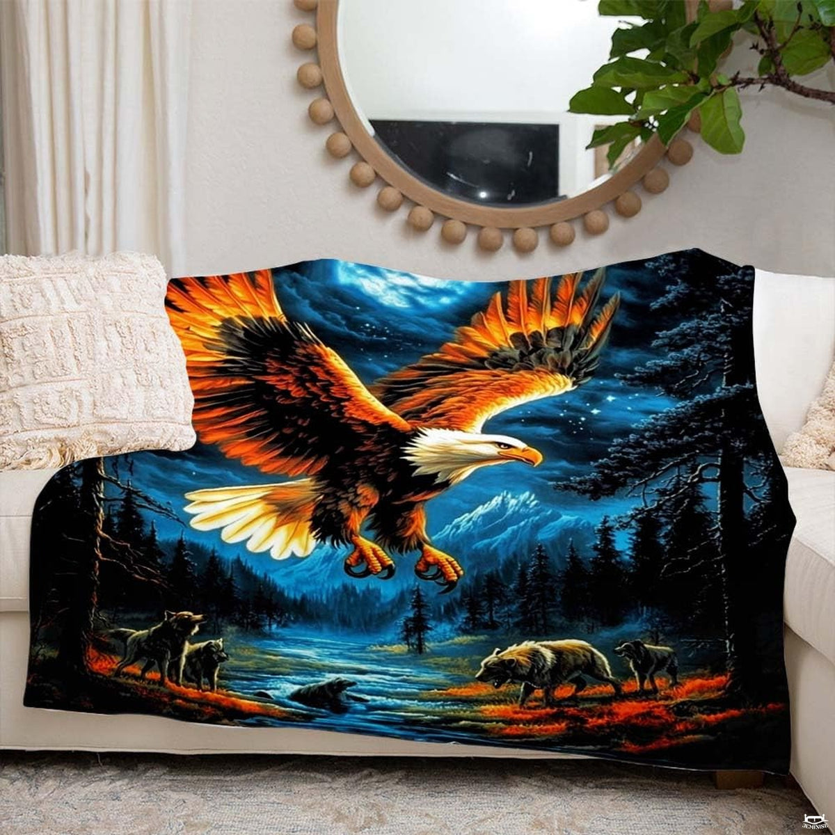 Soaring eagle wolves full moon throw blanket view 6 detailing nocturnal wildlife artwork
