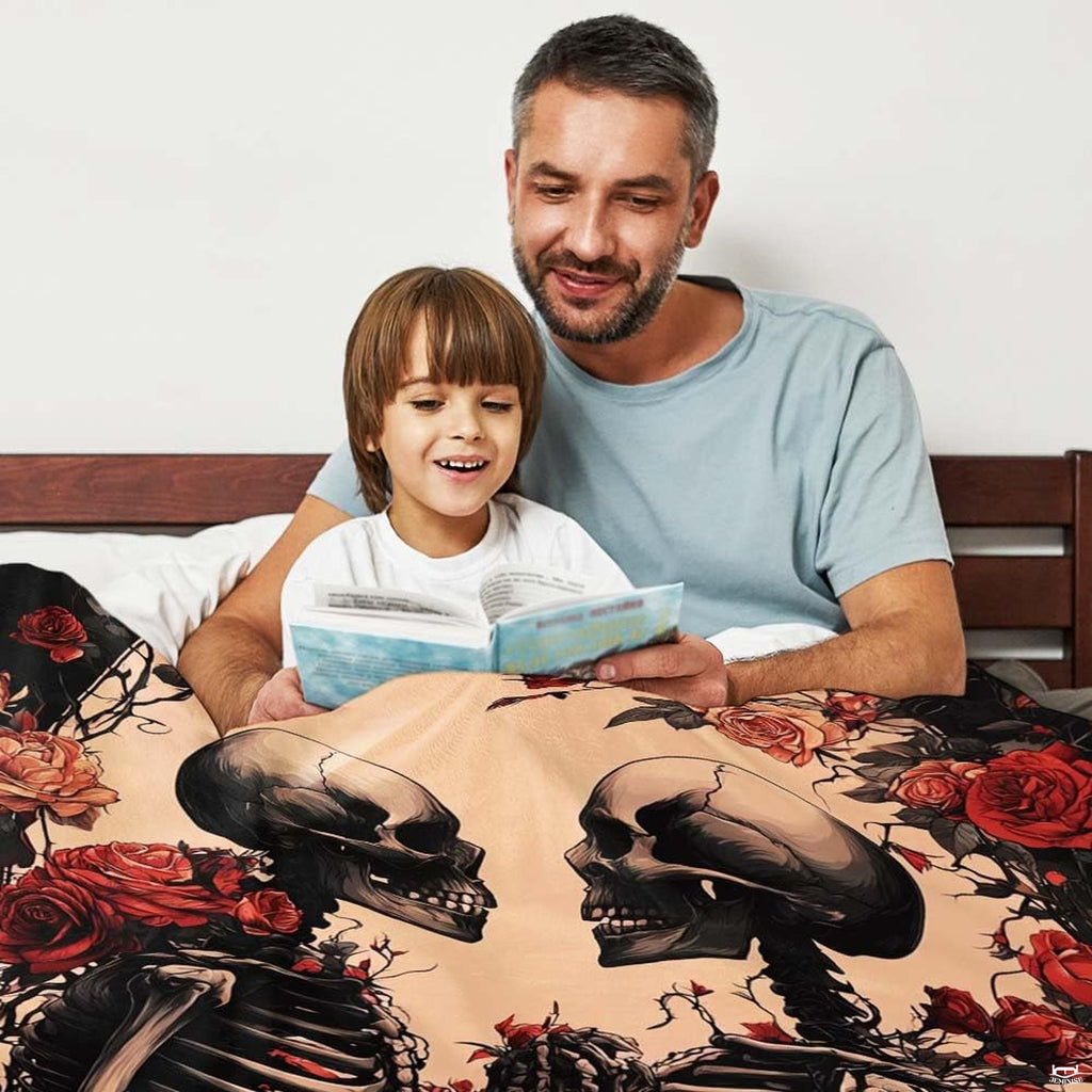 Dramatic dark gothic skull artwork with hand-in-hand skeleton couple and roses