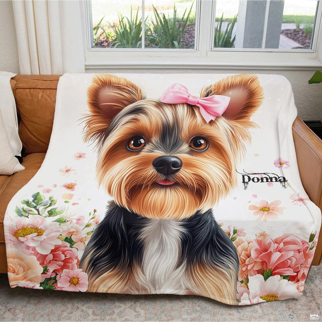 Angle perspective of yorkie bedding set showing delicate pastel floral artwork and puppy motif.