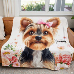 Angle perspective of yorkie bedding set showing delicate pastel floral artwork and puppy motif.