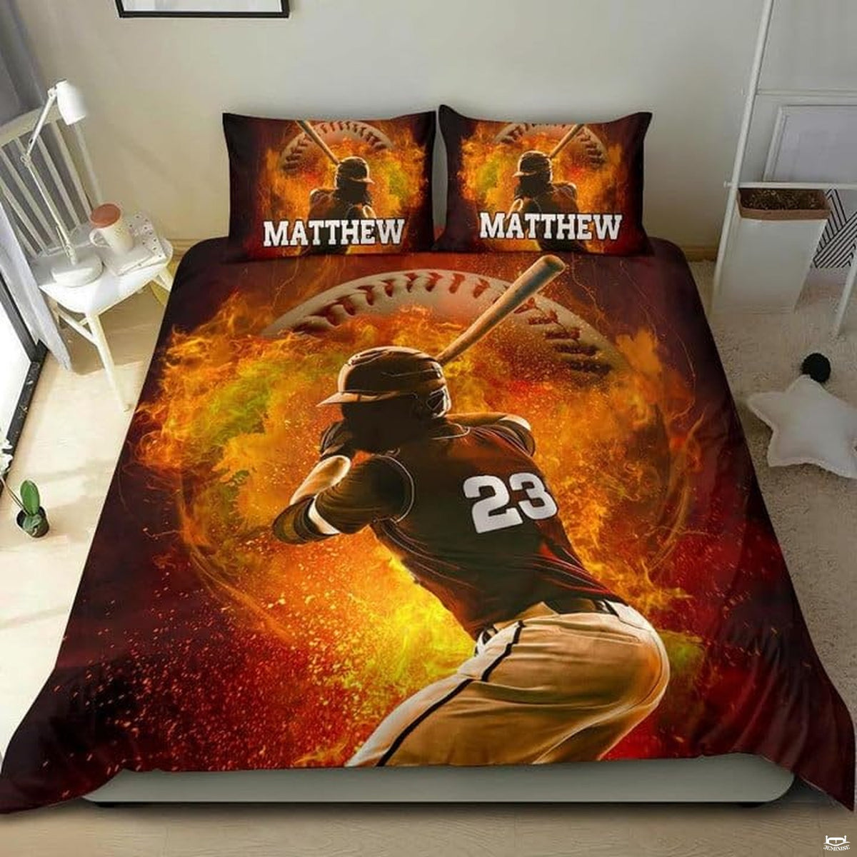 Close-up view of baseball bedding detailing roaring golden flames, glowing embers, and focused batter hitting stance