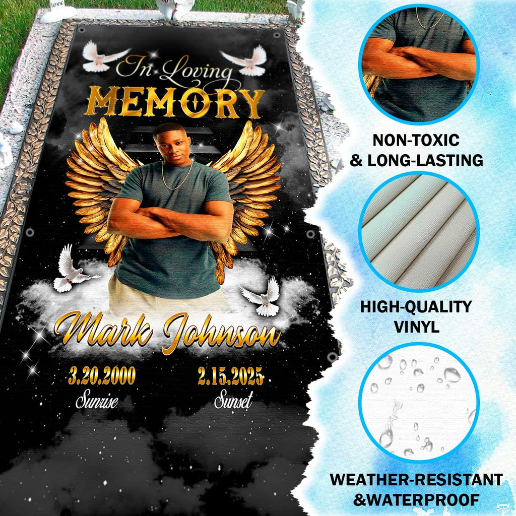 Detail graphic with weather-resistant icons and circular close-ups of corner grommets and surface finish.