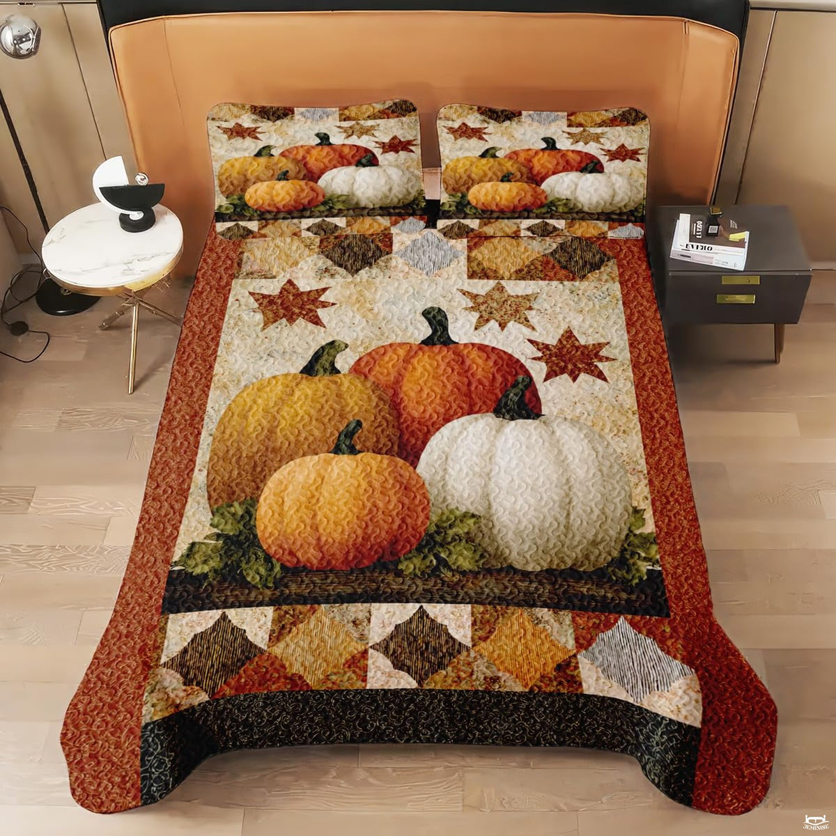 Side perspective of pumpkin and leaf bedding set accentuating seasonal countryside artwork in natural bedroom lighting.
