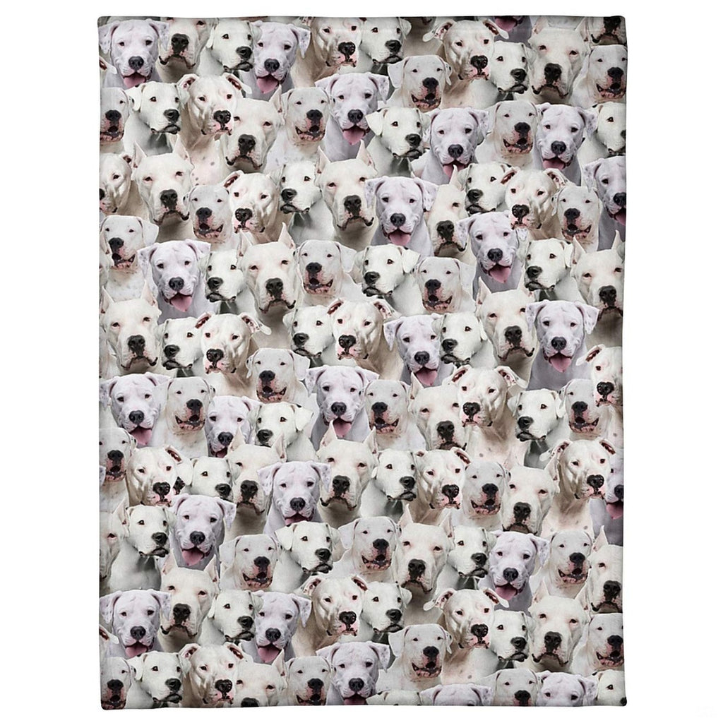 Dogo Argentino dog breed pattern blanket featuring all-over collage of expressive white canine faces.