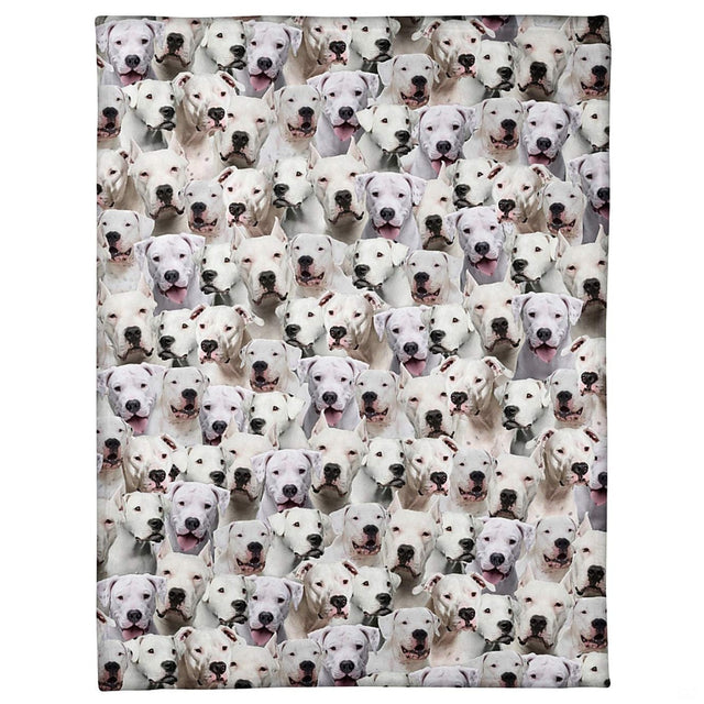 Dogo Argentino dog breed pattern blanket featuring all-over collage of expressive white canine faces.