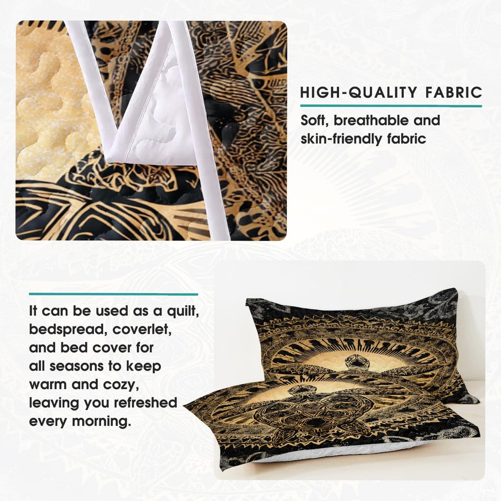 Overhead look at ornate Polynesian batik scrollwork and geometric amber sea turtle bedding motifs.