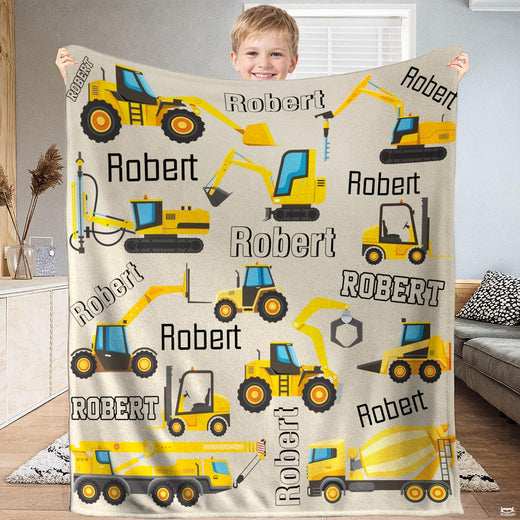 Cartoon excavator bed cover motif featuring yellow diggers, dump trucks, and tire tracks on beige.