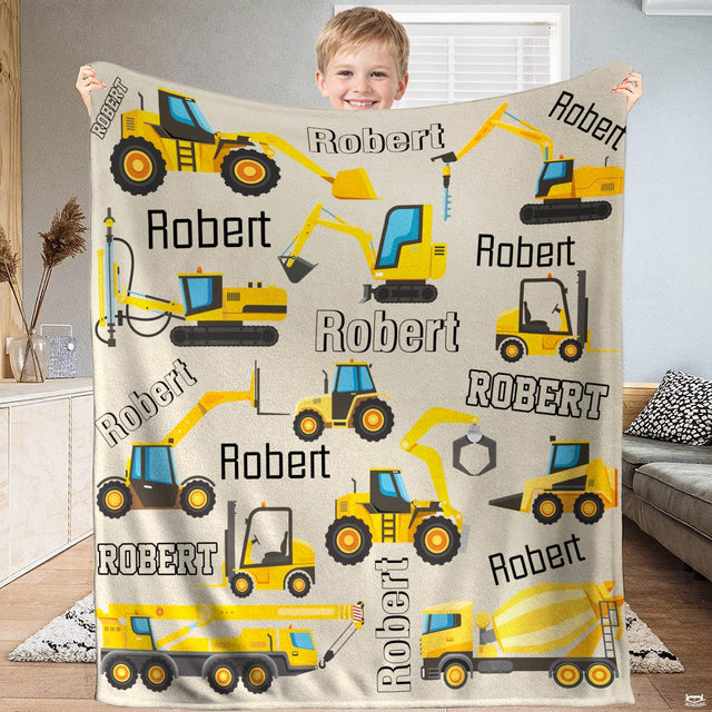 Cartoon excavator bed cover motif featuring yellow diggers, dump trucks, and tire tracks on beige.