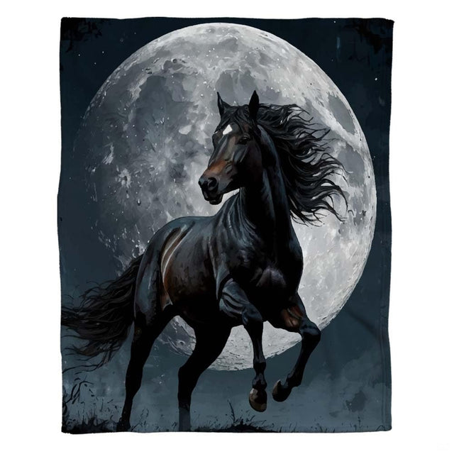 Close-up of painted mane details and silver moonlight accents on black horse mattress styling.