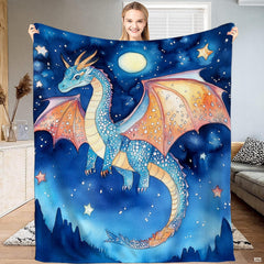 Starry night bedding displaying watercolor blue dragon soaring over mountains and golden stars.