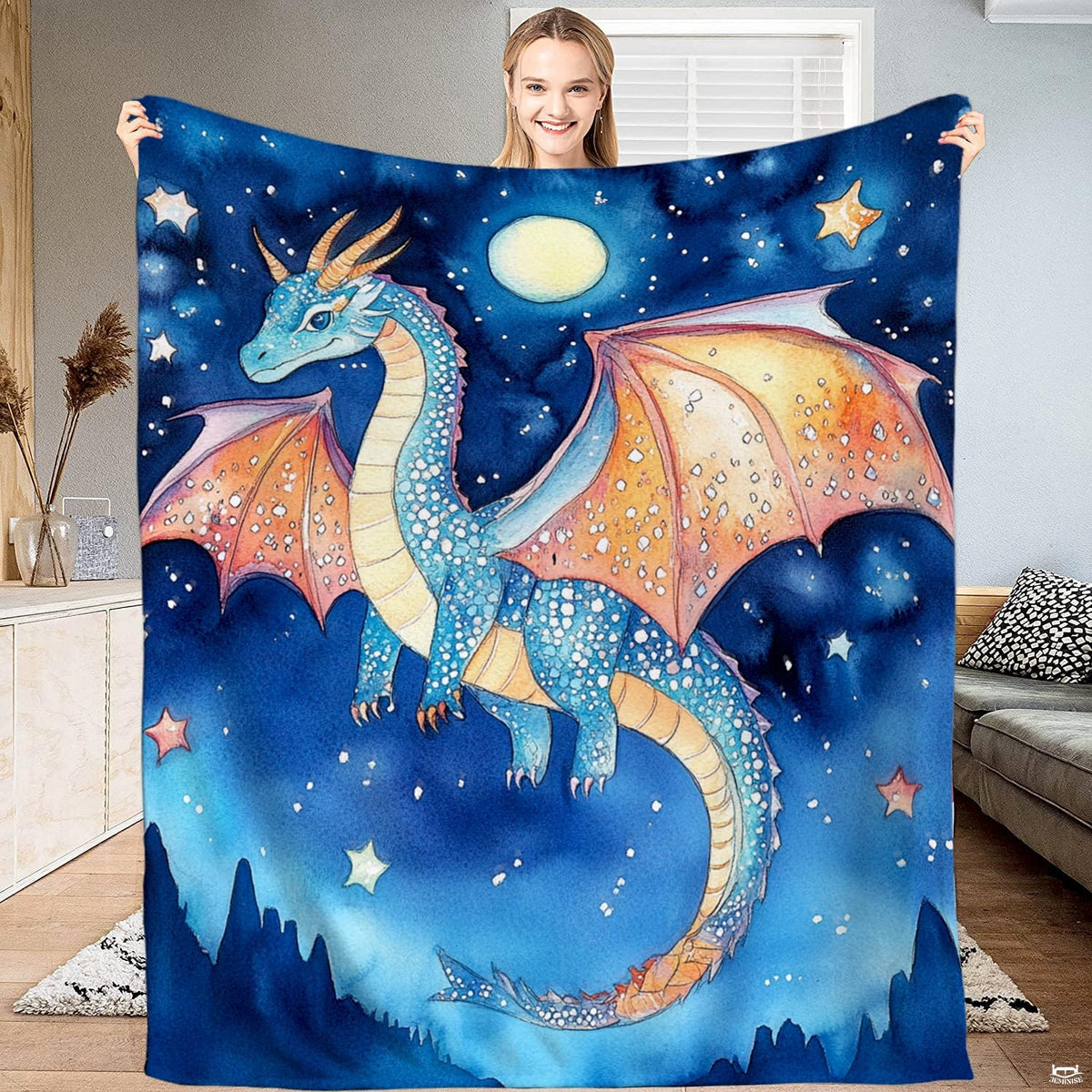 Starry night bedding displaying watercolor blue dragon soaring over mountains and golden stars.