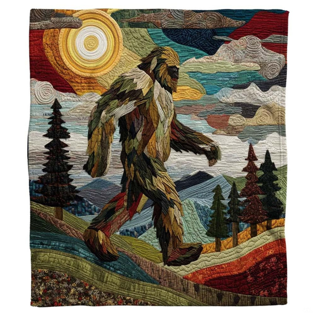 Folk art mosaic Bigfoot walking across rolling mountain foothills under a golden sun, view 2.