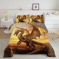 Radiant amber dragon galaxy bedding set showing a mythical winged beast soaring through cosmic gold and stardust.