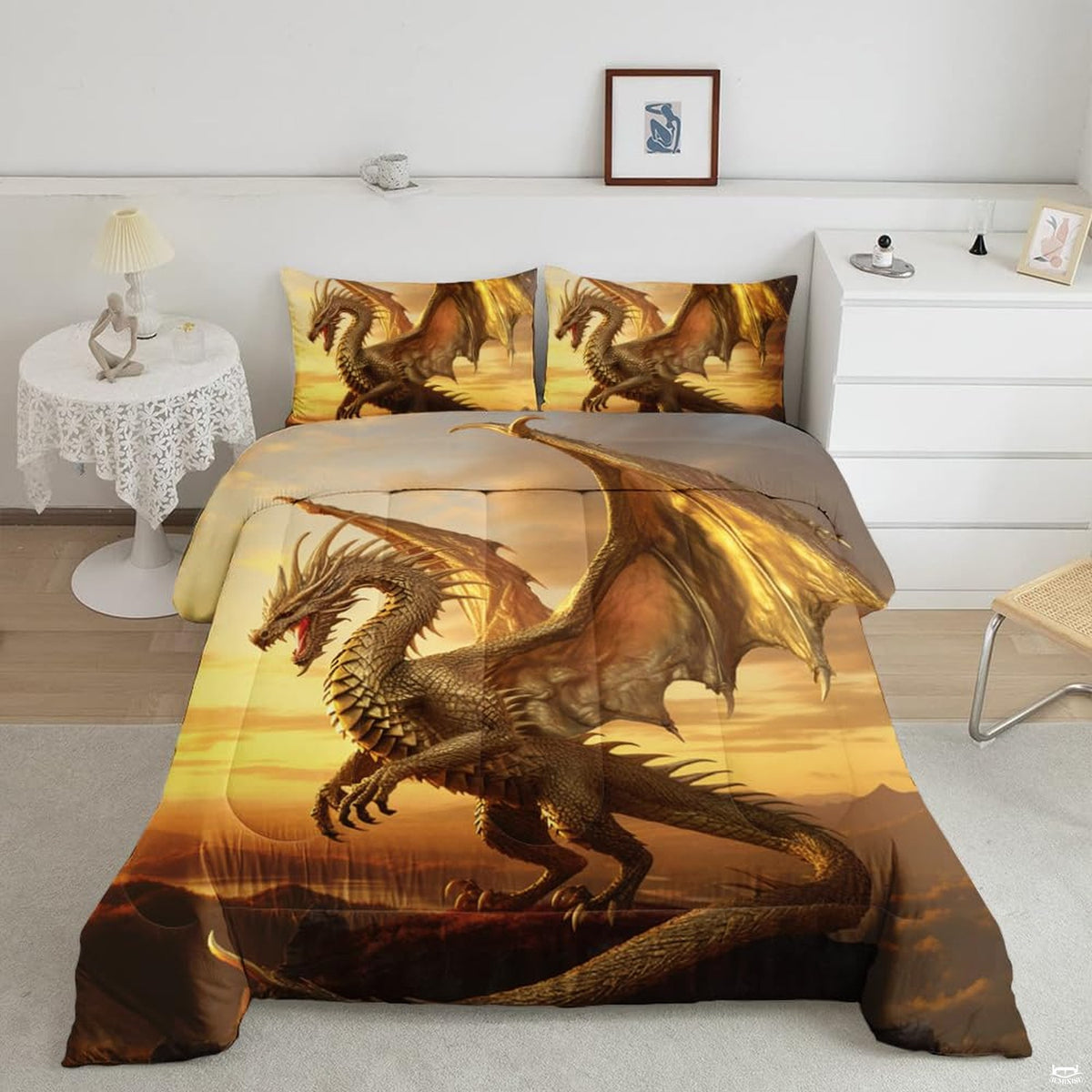 Radiant amber dragon galaxy bedding set showing a mythical winged beast soaring through cosmic gold and stardust.