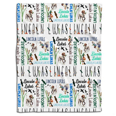 Duck hunting bedding set featuring mallards, gundogs, and marsh reeds across a white bedroom backdrop.