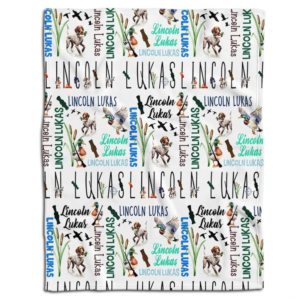 Duck hunting bedding set featuring mallards, gundogs, and marsh reeds across a white bedroom backdrop.