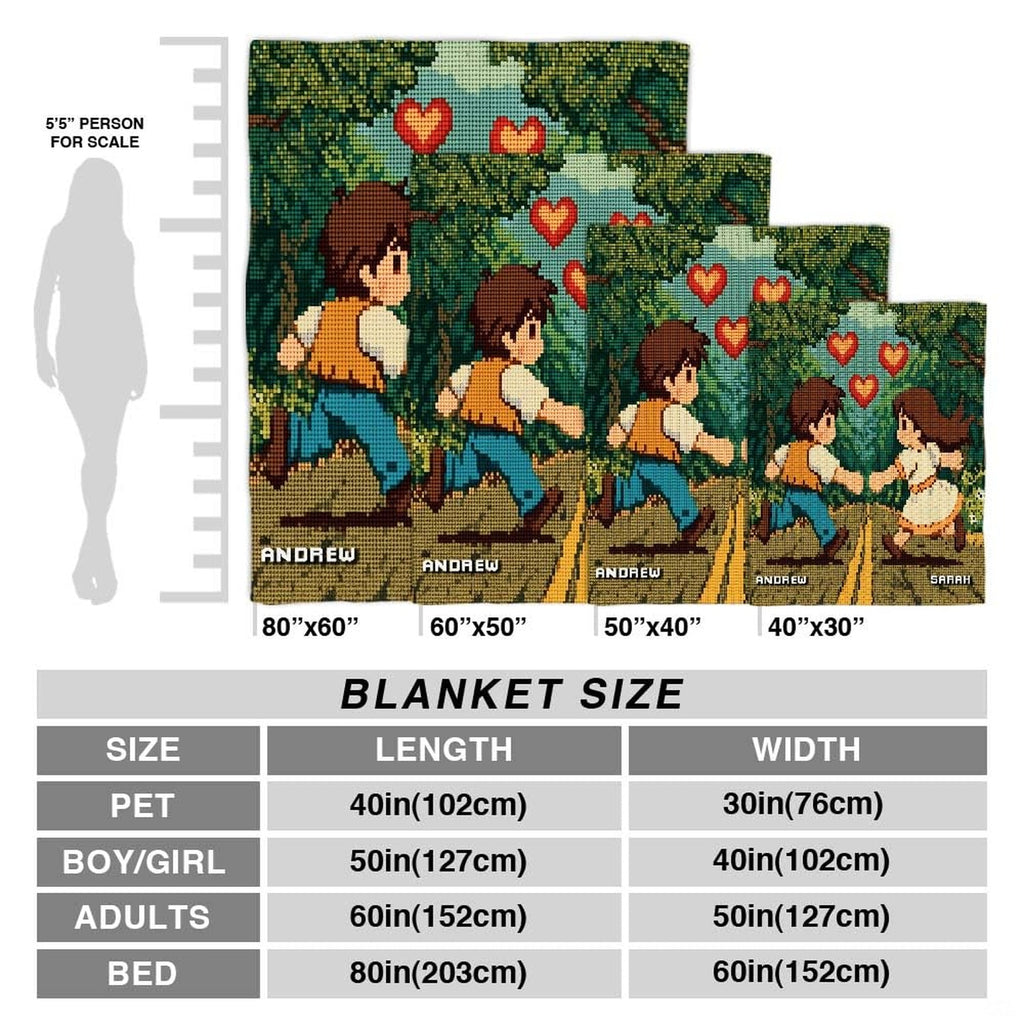 Angle view of pixel art throw blanket showing crisp edges and pixelated woodland backdrop