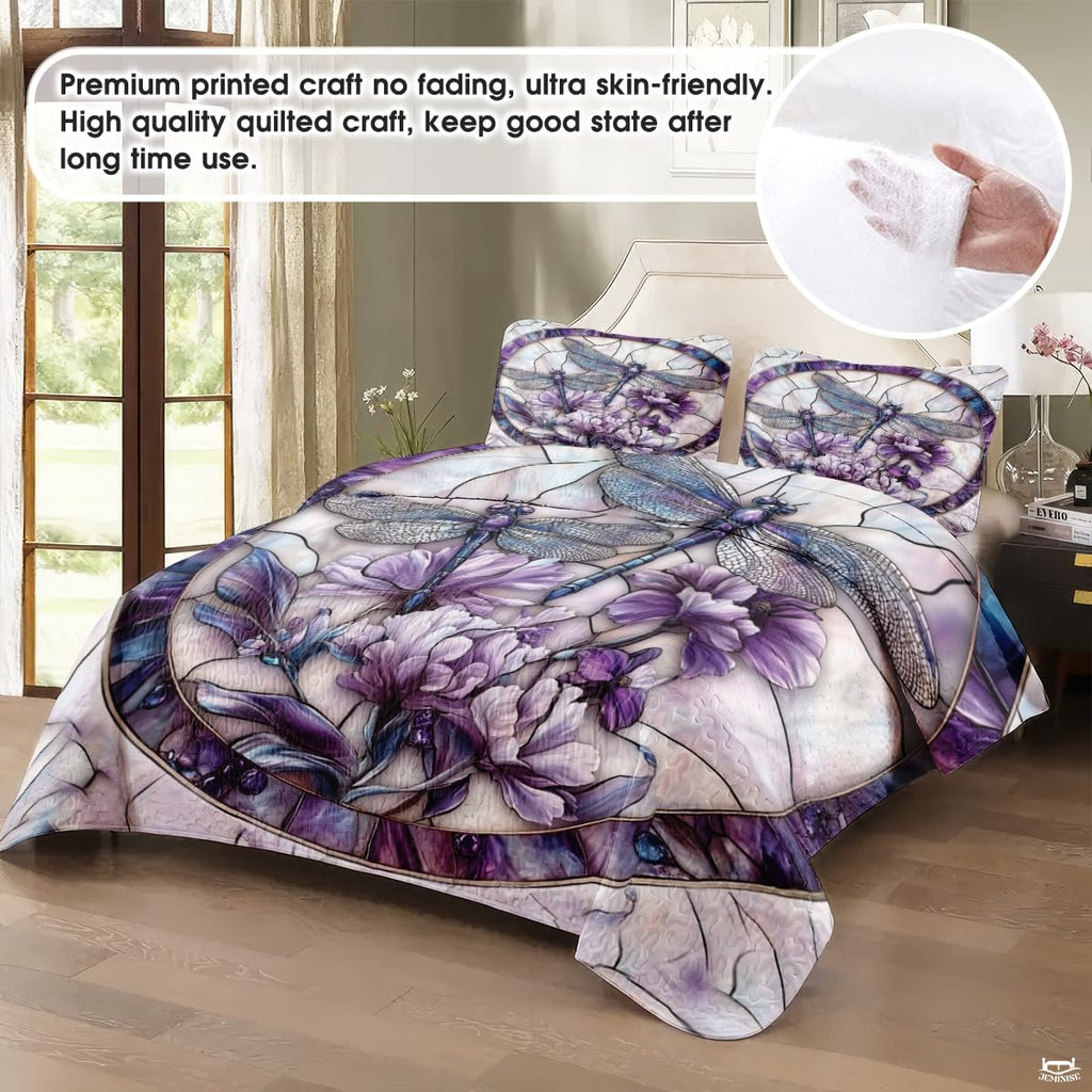 Dragonfly Couple Quilt Set, Dragonflies Patchwork Style Quilt Set - Cotton Quilt Bedding, Patchwork Pattern Quilt Bedspread, Dragonfly Stained Glass Style Bedding Gift