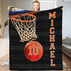 Basketball hoop sports throw blanket view 2 highlighting textured basketball and woven net graphics