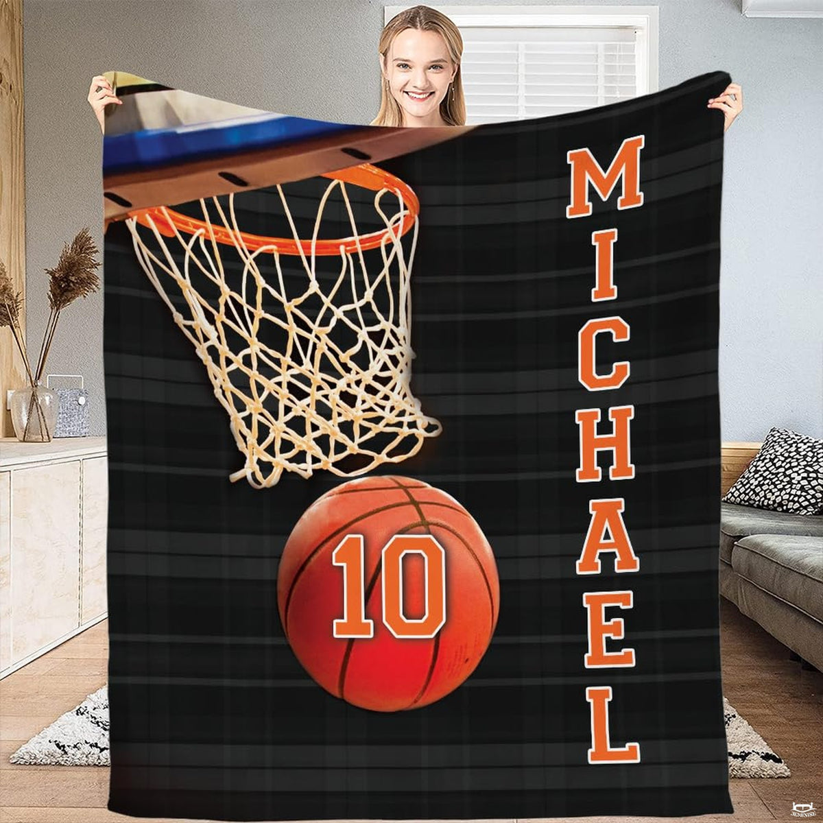 Basketball hoop sports throw blanket view 2 highlighting textured basketball and woven net graphics
