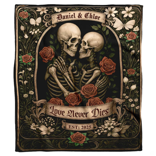 Gothic skull bedding set featuring embracing skeletons surrounded by vintage roses and ornate scrollwork.