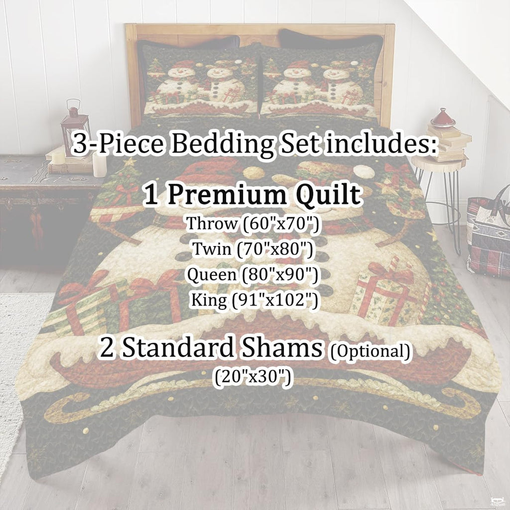 Full bedroom display of festive holiday bedding styled with evergreen garland and seasonal accents