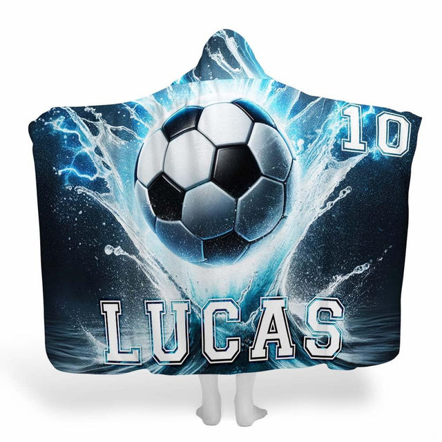 Dynamic soccer ball splash illustration on navy bedding set styled beside calm Japandi bed sheets.