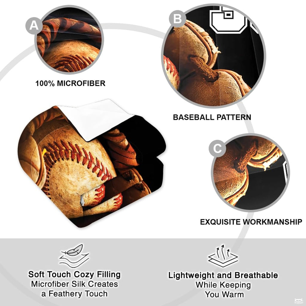 Overhead view of baseball fielding glove sports bedding arranged neatly across an athletic youth bedroom mattress