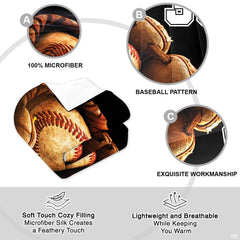 Overhead view of baseball fielding glove sports bedding arranged neatly across an athletic youth bedroom mattress