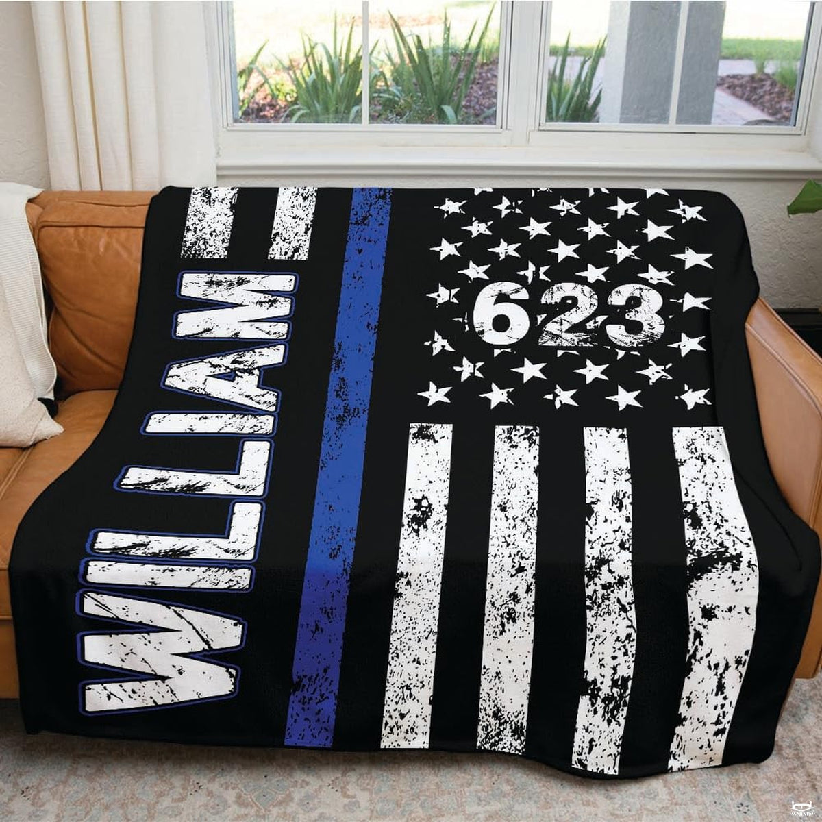 Bedroom staging highlighting the distressed flag artwork displayed on a decorated bed setting.