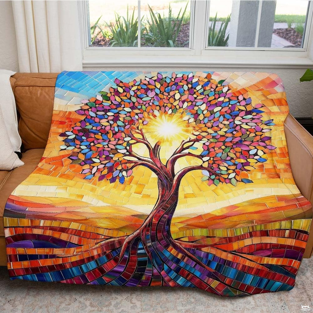 Sunburst pattern and colorful glass mosaic leaves coordinating with a stained glass bedroom door look.