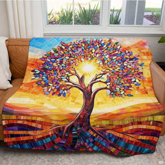Sunburst pattern and colorful glass mosaic leaves coordinating with a stained glass bedroom door look.