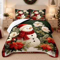 Snowman bedding sets featuring festive Christmas poinsettia artwork and lush evergreen pine foliage.
