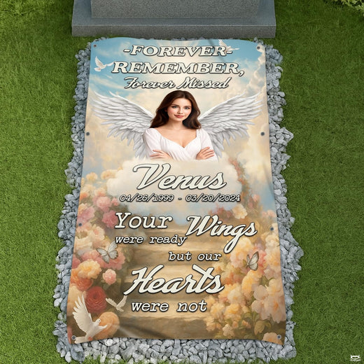 Memorial angel grave blanket featuring celestial stairway to heaven, flying doves, and garden blossoms.