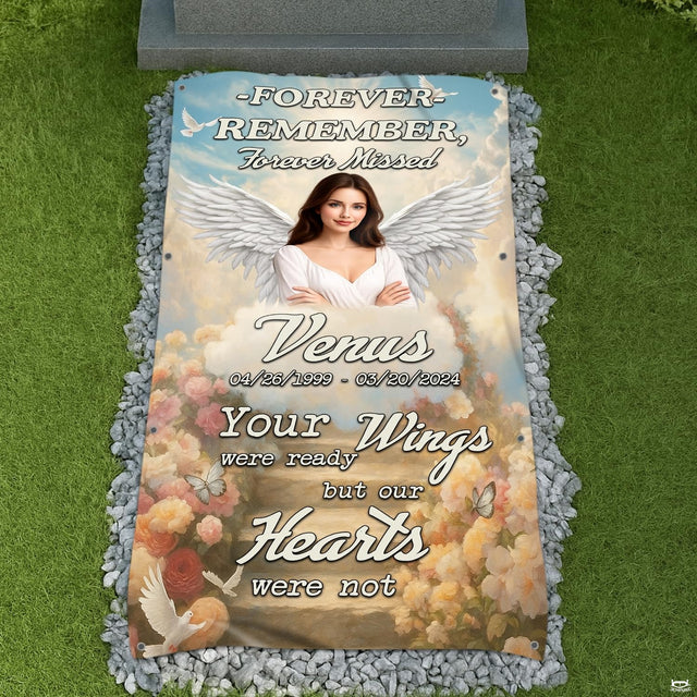 Memorial angel grave blanket featuring celestial stairway to heaven, flying doves, and garden blossoms.