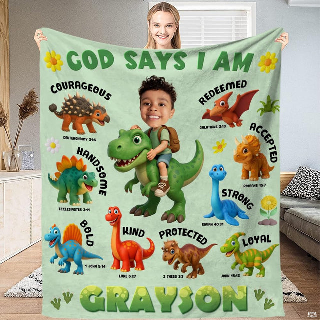 Christian God Says I Am dinosaur affirmation throw blanket with cute cartoon dinosaurs on sage green
