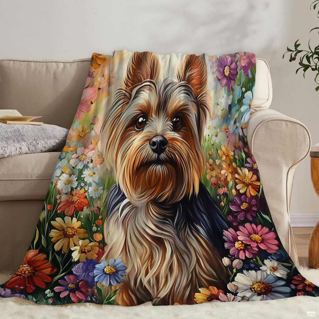 Oil painting portrait of Yorkshire terrier dog surrounded by garden wildflowers, view 3.